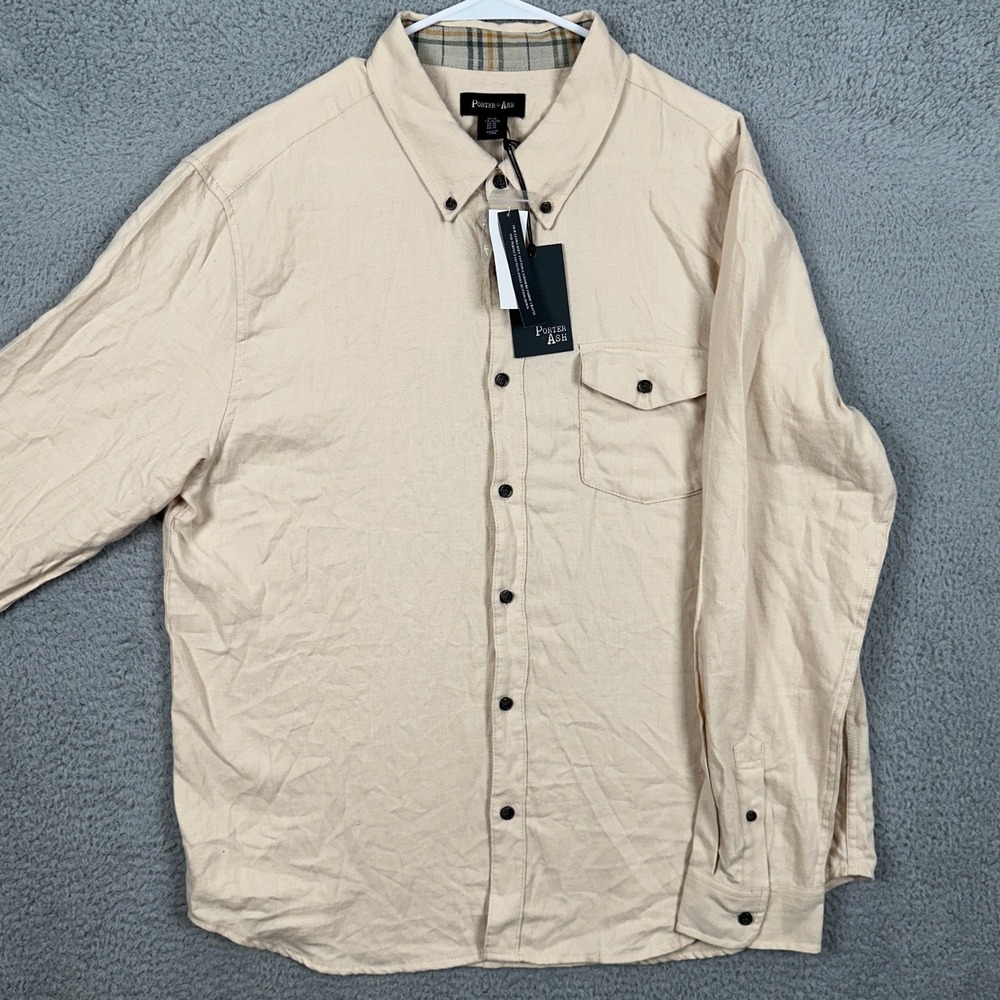 NEW Porter Ash Men XL Shirt Button Down Beige Cashmere Blend Flannel Flap Pocket